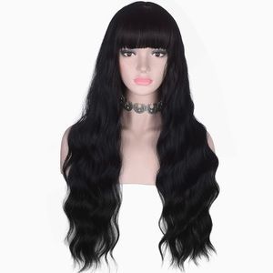 Long Wavy Black Wig with Bangs